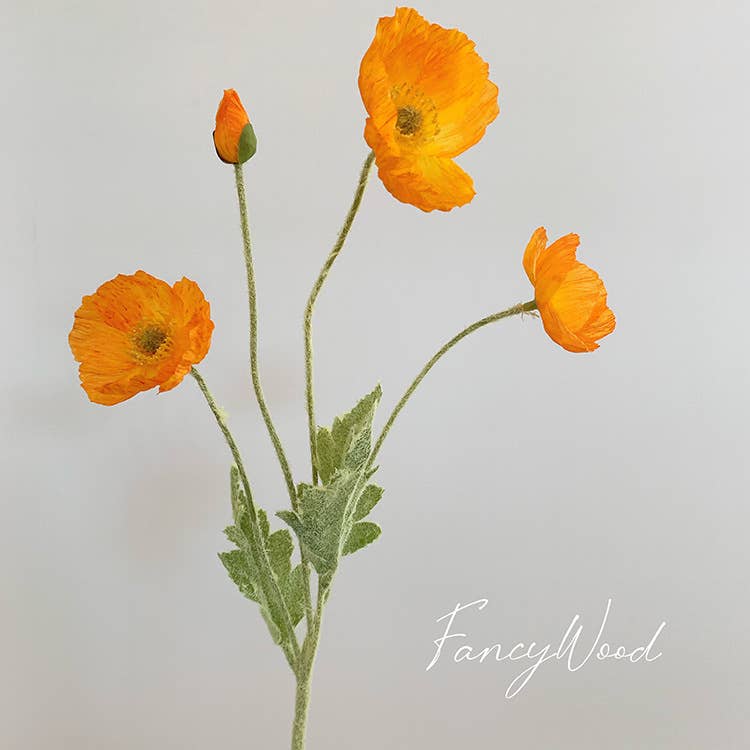 Individual Flocked Floral Poppy Spray: Orange-22"