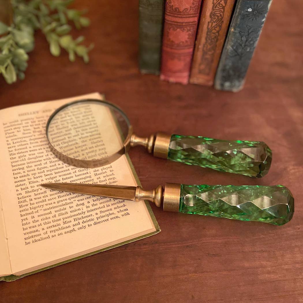 Brass and Glass Magnifier and Letter Opener Set