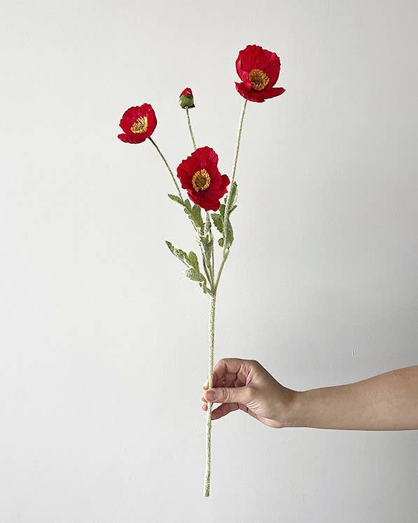 Individual Flocked Floral Poppy Spray: Red-22"