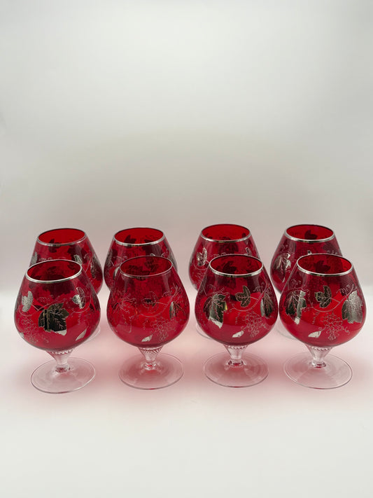Czech Red Silver Overlay Brandy Glasses Set