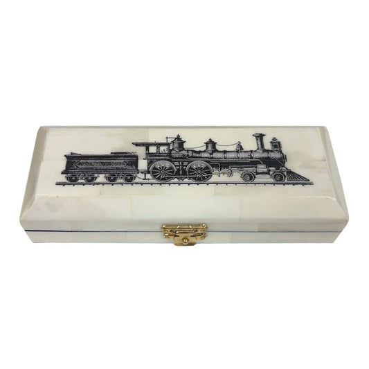 Vintage Train Locomotive Bone Postage Stamp Box