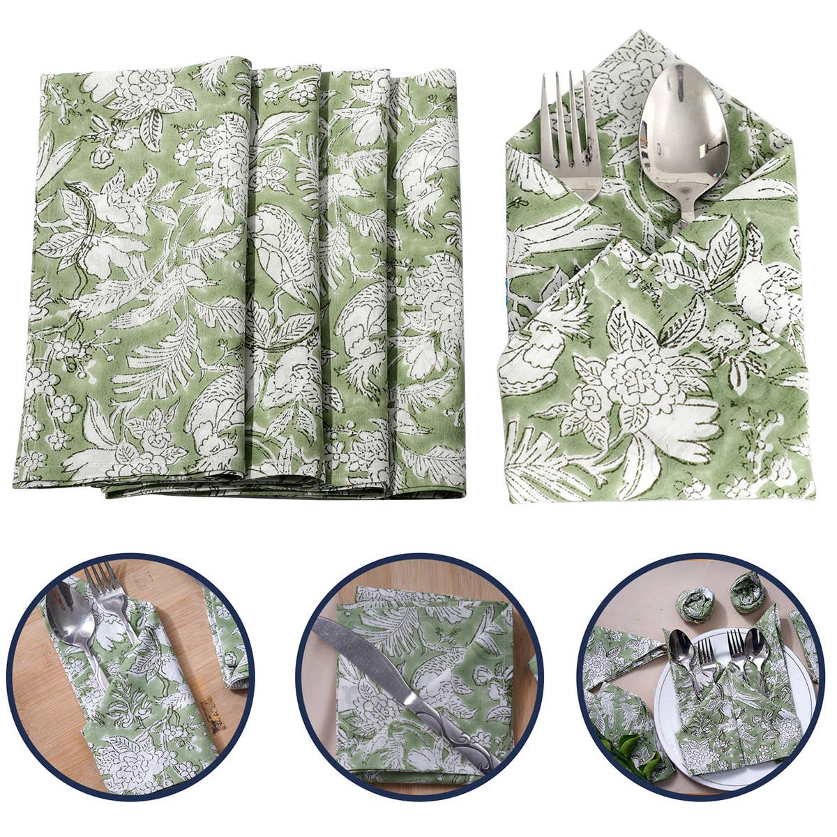 Olive Green Hand Block Printed Napkins: Set of 6