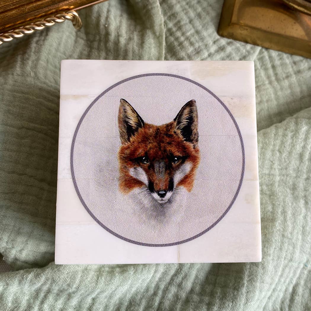 Red Fox Head Printed Bone Box with Lift Off Lid, 3-1/4"