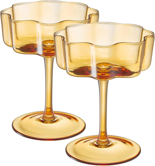 Flower Wave Coupe Glass | S/2 | Amber