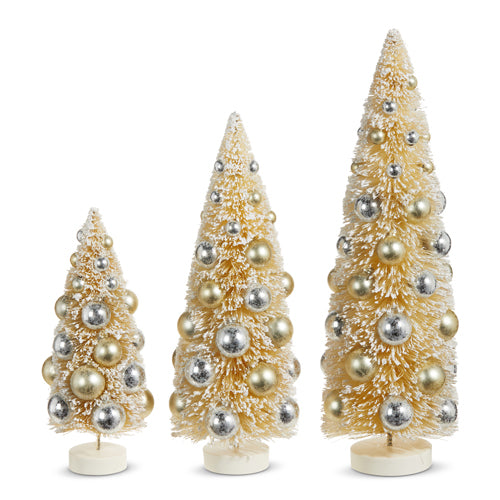 Snowy Bottle Brush Trees w Ornaments- S/3