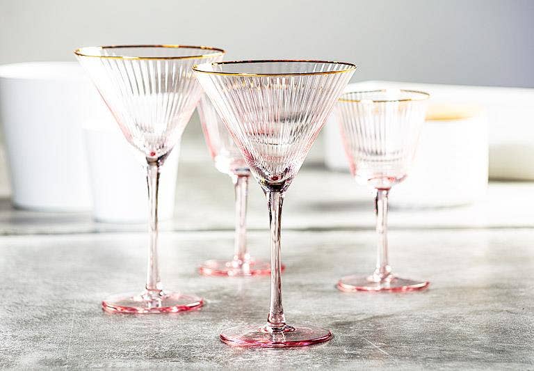 Pink Martini Glass Gold Rim, Set of 4