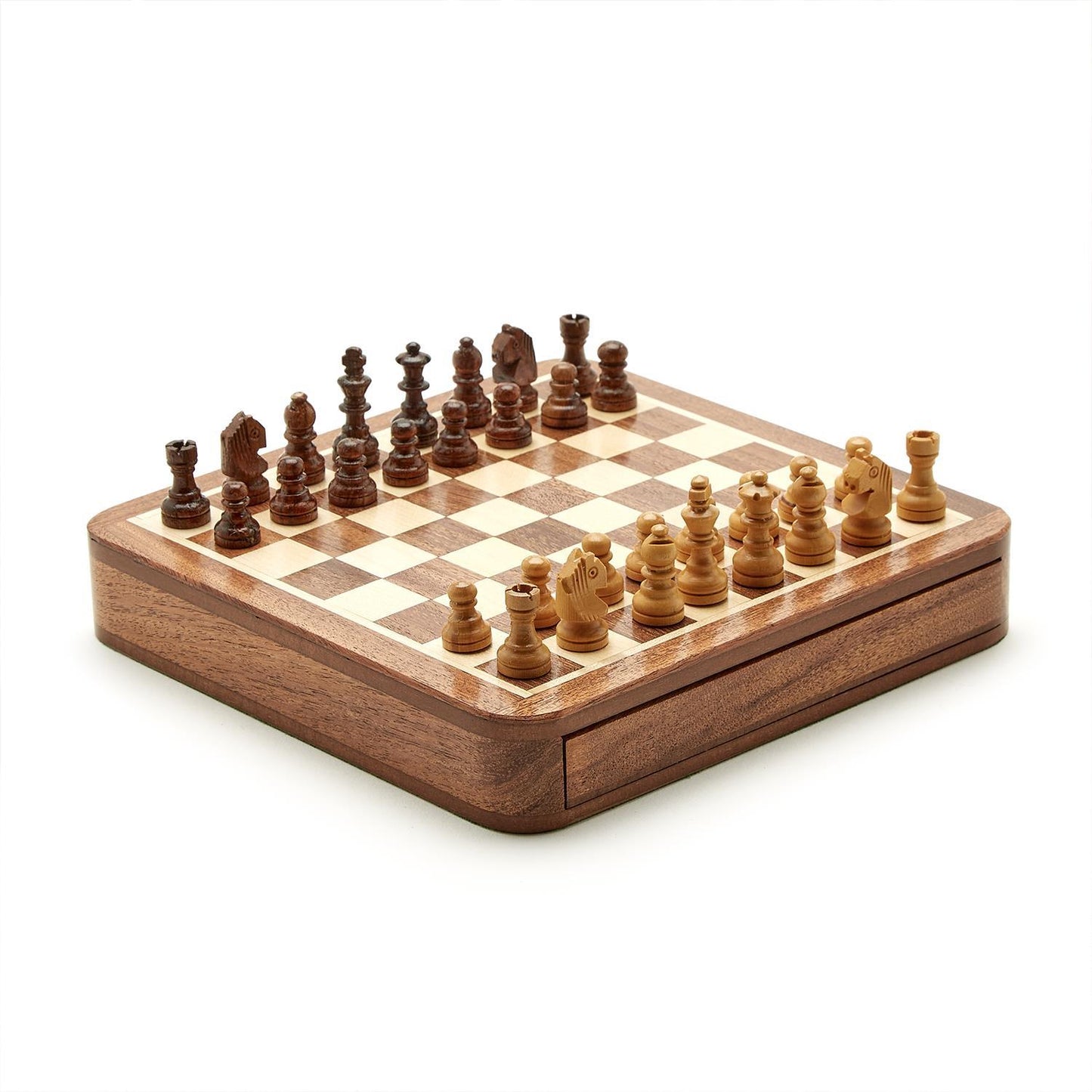 Wooden Mini-Magnetic Travel Chess Set with Storage Drawer