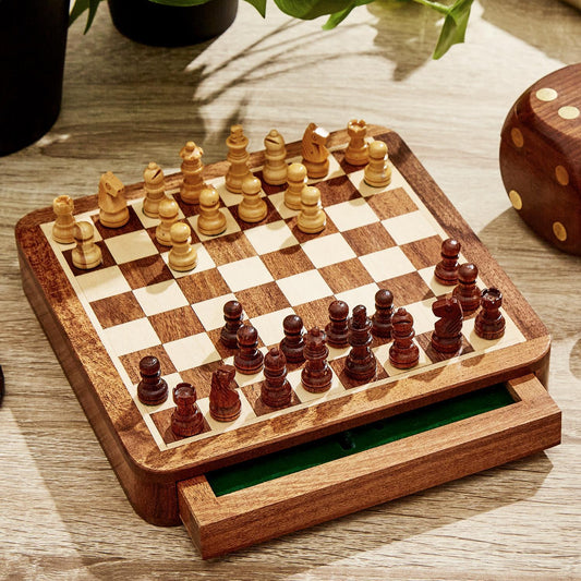 Wooden Mini-Magnetic Travel Chess Set with Storage Drawer