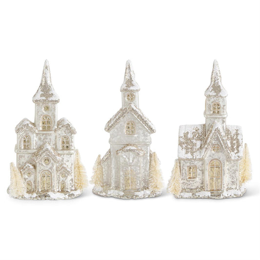 Set of 3 Glittered LED Silver Mercury Glass House