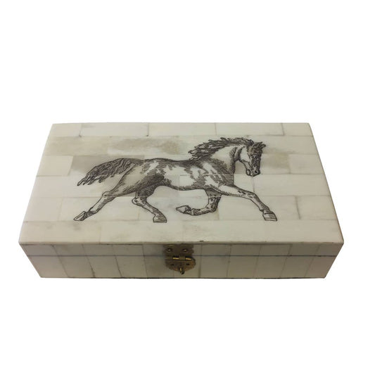 6-1/4" Horse Equestrian Engraved Bone Box