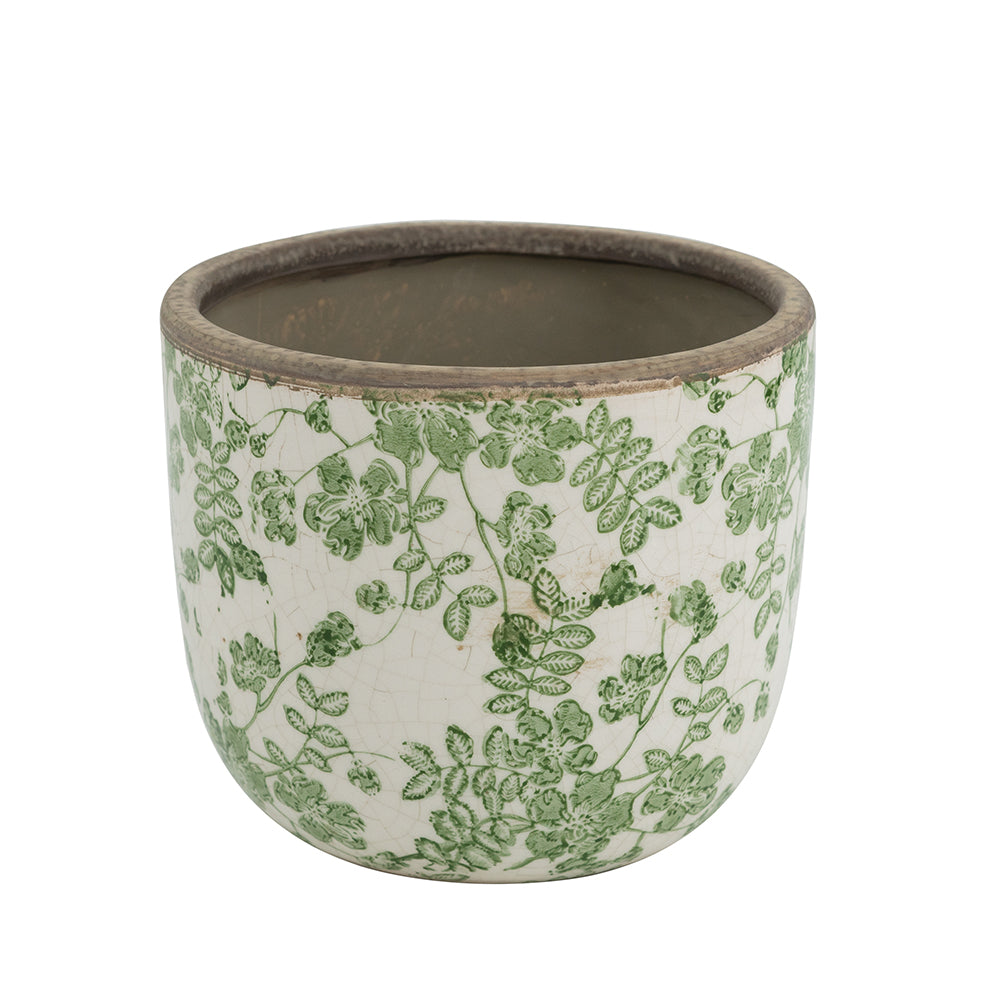 Round Ceramic Planter w/ Green Floral Motif