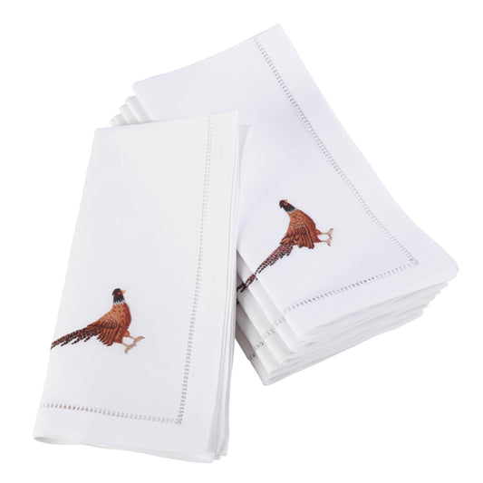 Embr'd Pheasant Hemstitch White Napkin S/4