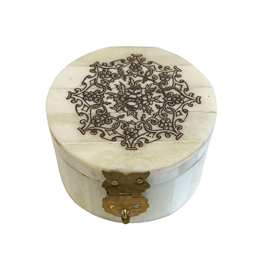 Round Bone Jewelry Box with Engraved Floral Design