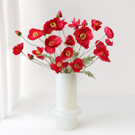 Individual Flocked Floral Poppy Spray: Red-22"
