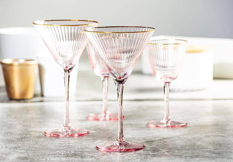 Pink Martini Glass Gold Rim, Set of 4