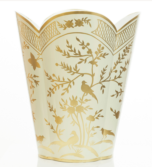Pale Green/Gold Chinoiserie Scalloped Wastebasket