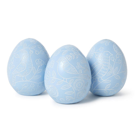 Blue Hand-Carved Bird Scene Egg