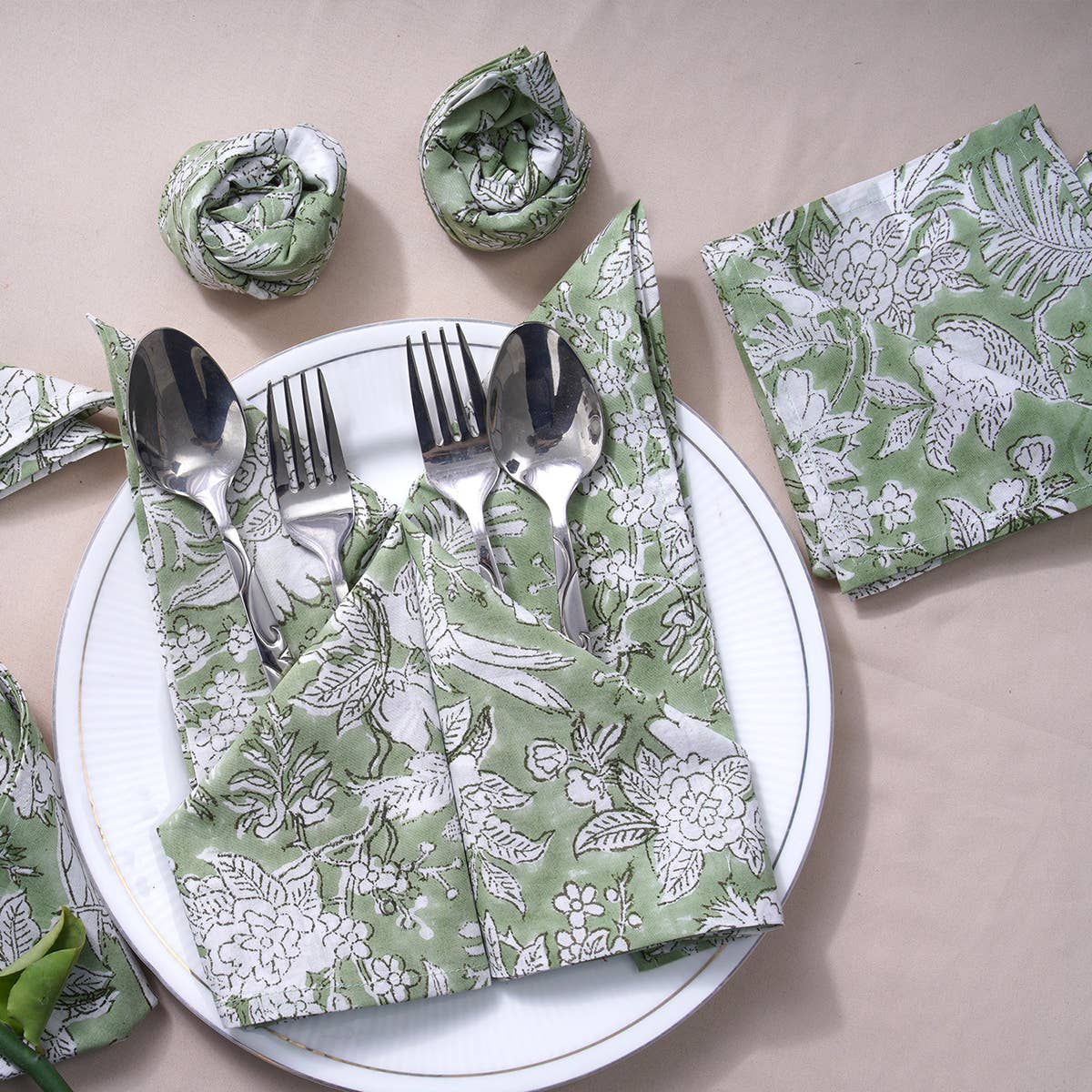 Olive Green Hand Block Printed Napkins: Set of 6