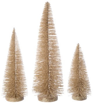 S/3 Gold Glitter Bristle Trees