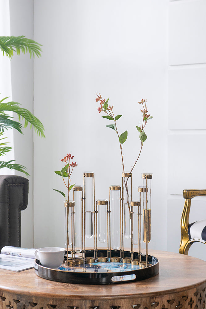 Glass Vial Flower Vase with Bronze Metal Frame