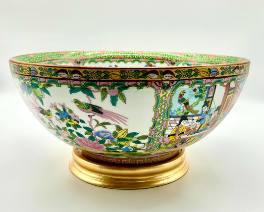 Porcelain Pastel Rose Medallion Bowl w/ Gold Base - 14"