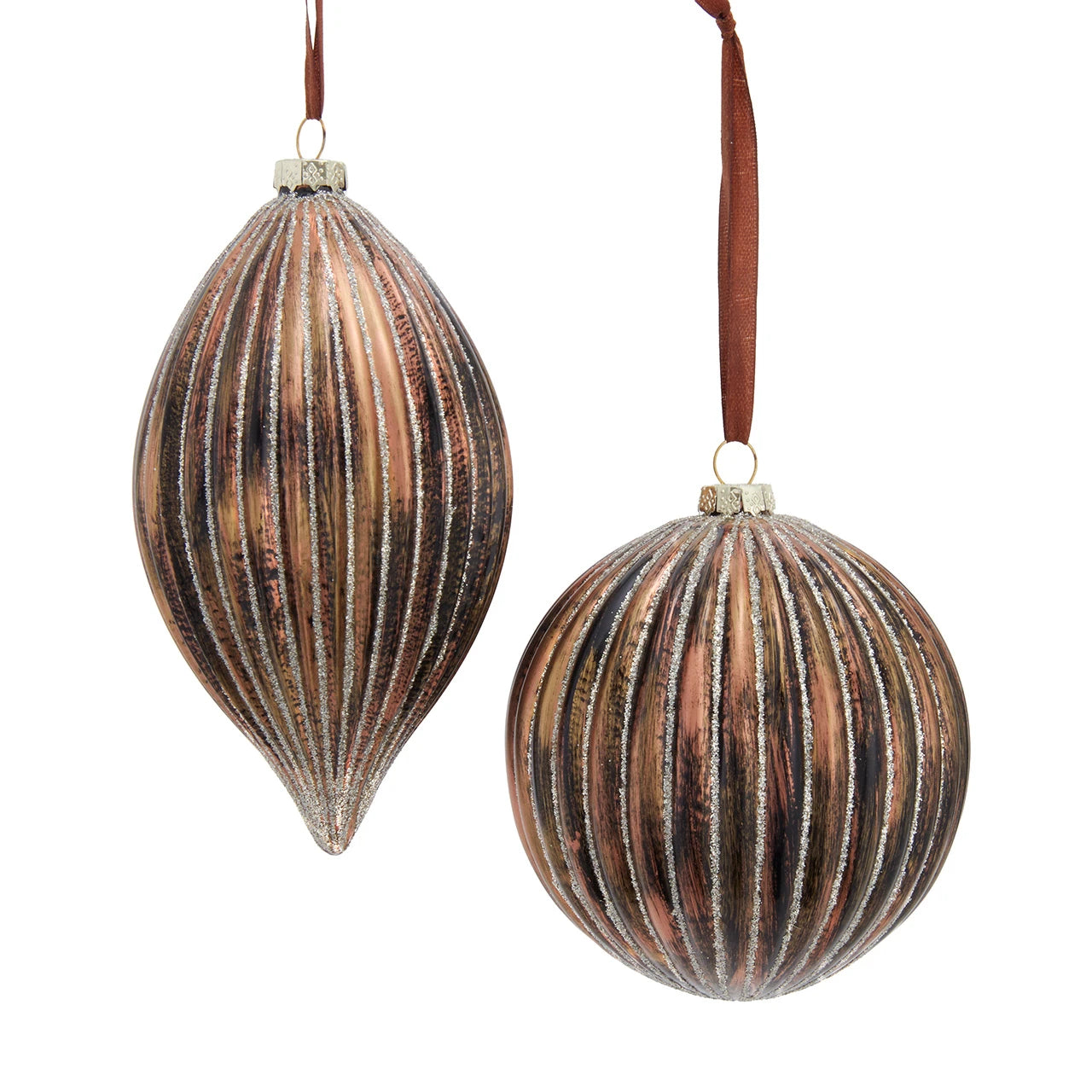Brown Glass Ornament w/ Gold Stripes