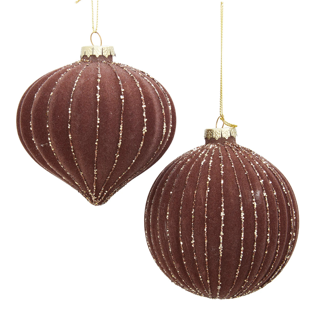 4" Glass Flocked Brown With Gold Stripes Ornament