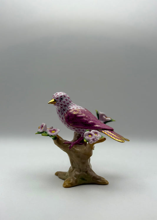 Bird on Branch with Flowers Raspberry