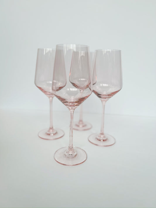 Set of 6 Pink Colored Wine Glasses - 12 oz Hand Blown