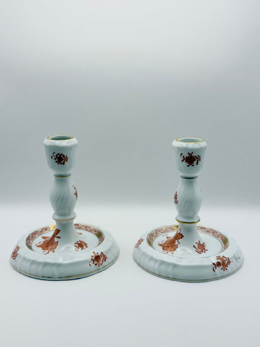 Pair of 6" Candlesticks Chinese Bouquet Rust