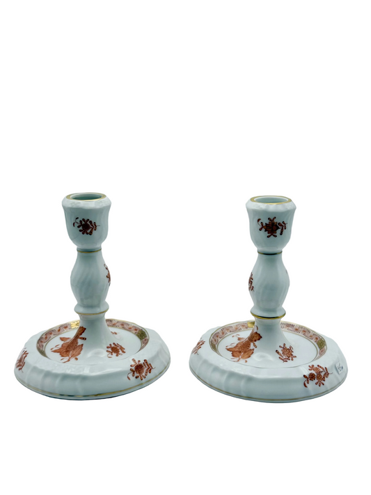 Pair of 6" Candlesticks Chinese Bouquet Rust