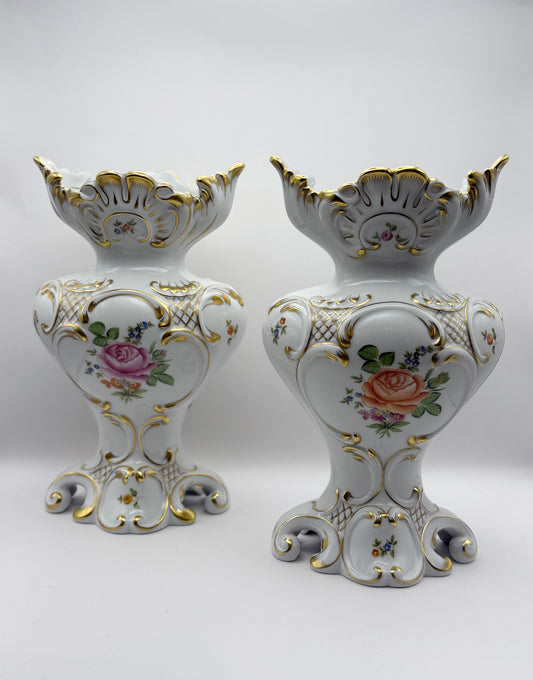 10” Pair of Vases w/ Roses and Ornate Trim