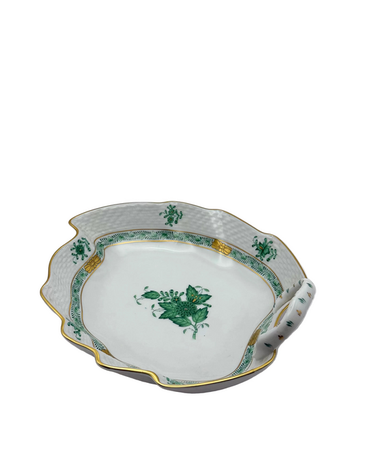 Large Leaf Dish w Handle Chinese Bouquet Green