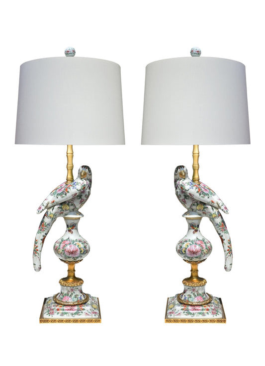 Rose Birds Lamps Pair