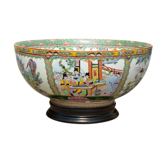 Porcelain Rose Medallion Bowl w/ Gold Base - 14"