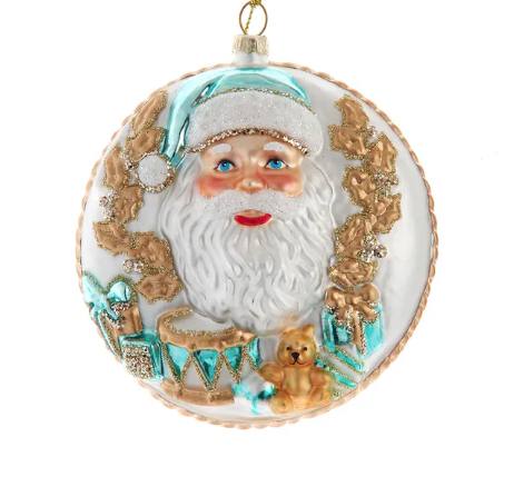 Aqua/Gold Double Sided Santa Ornament - 4"