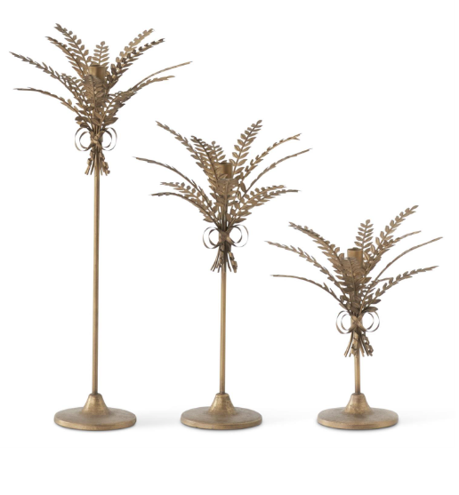 Antique Gold Metal Wheat Taper Candleholders - 3 Sizes
