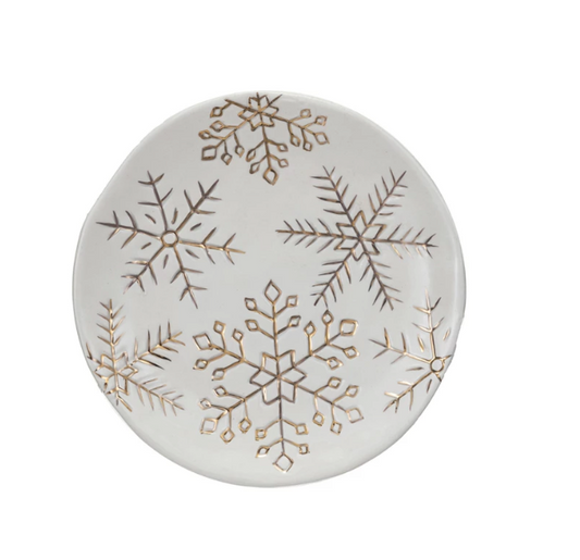 6" Stoneware Plate w/ Gold Snowflakes