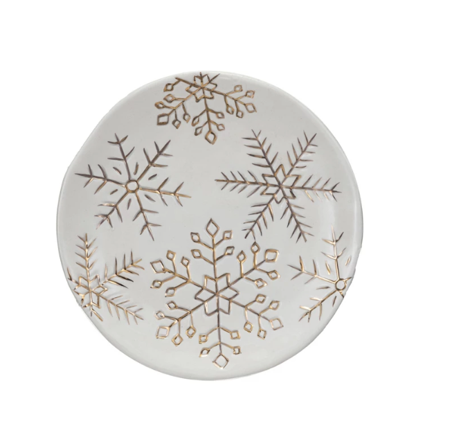 6" Stoneware Plate w/ Gold Snowflakes