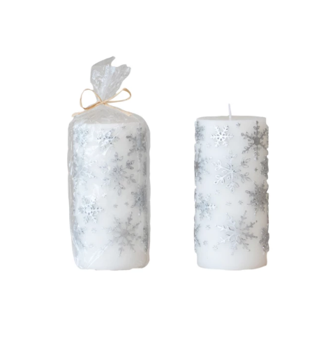 6" Snowflake Pillar Candle, Silver