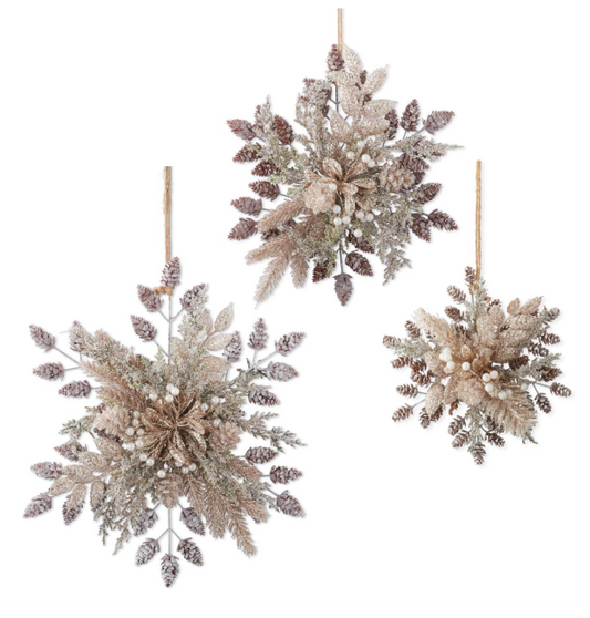 Glittered Snowflake w/ Leaves, Berries & Pinecones Ornament