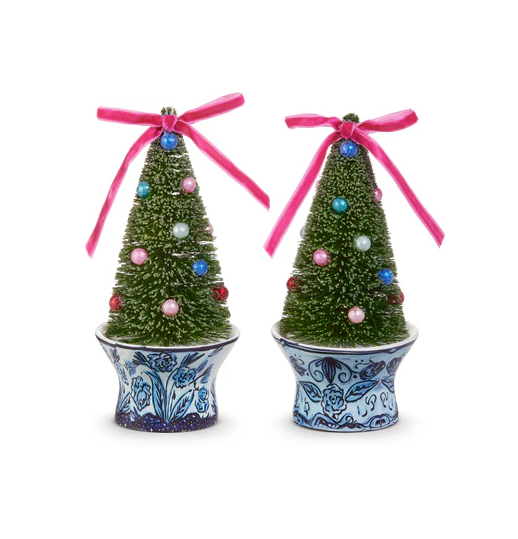 6" Bottle Brush Trees in Chinoiserie Urn Ornament