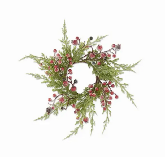 16" Cypress Pine w/Dark Red Iced Berry Candle Ring