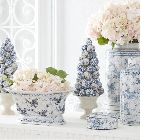 13 Inch Blue & White Floral Ceramic Oval Fluted Bowl