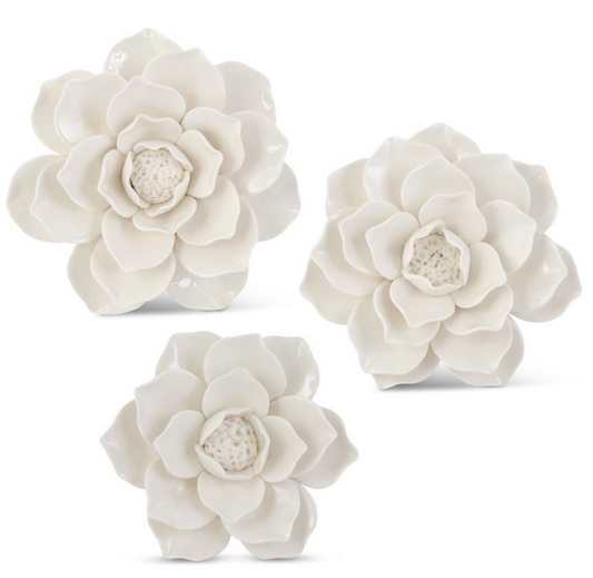 Handcrafted Glossy-White Wall Flowers S/3