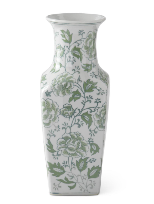 14" Green & White Floral Ceramic Vase