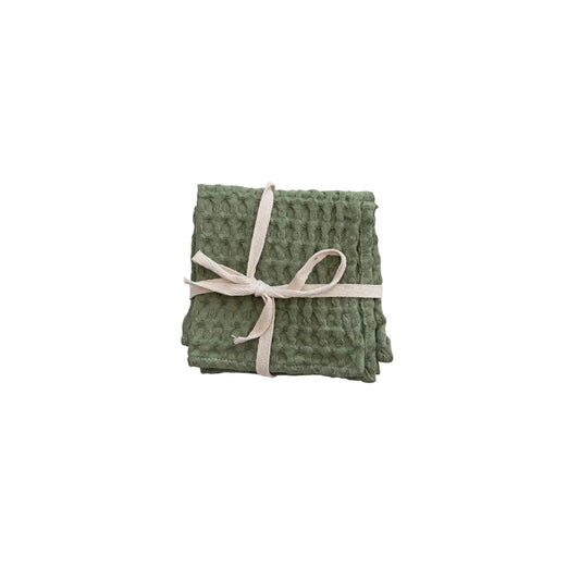Cotton Waffle Weave Dish Cloths-Green S/3