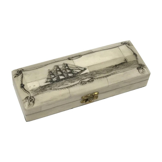 New Voyage Explorer Ship Scrimshaw Ox Bone Stamp Box