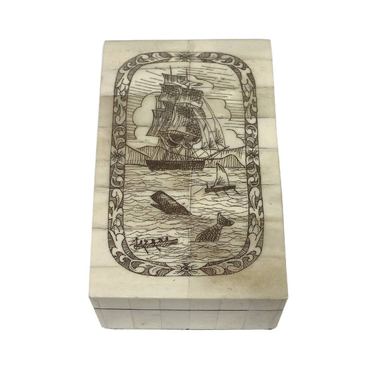 Whaling Adventure Etched Vintage Scrimshaw Box