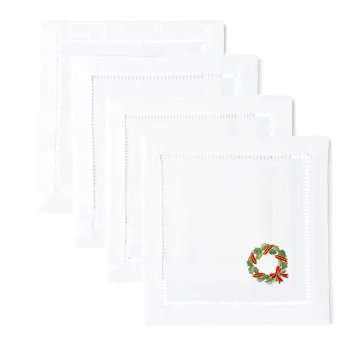 Holly Ribbon Wreath Cocktail Napkins, Set of 4